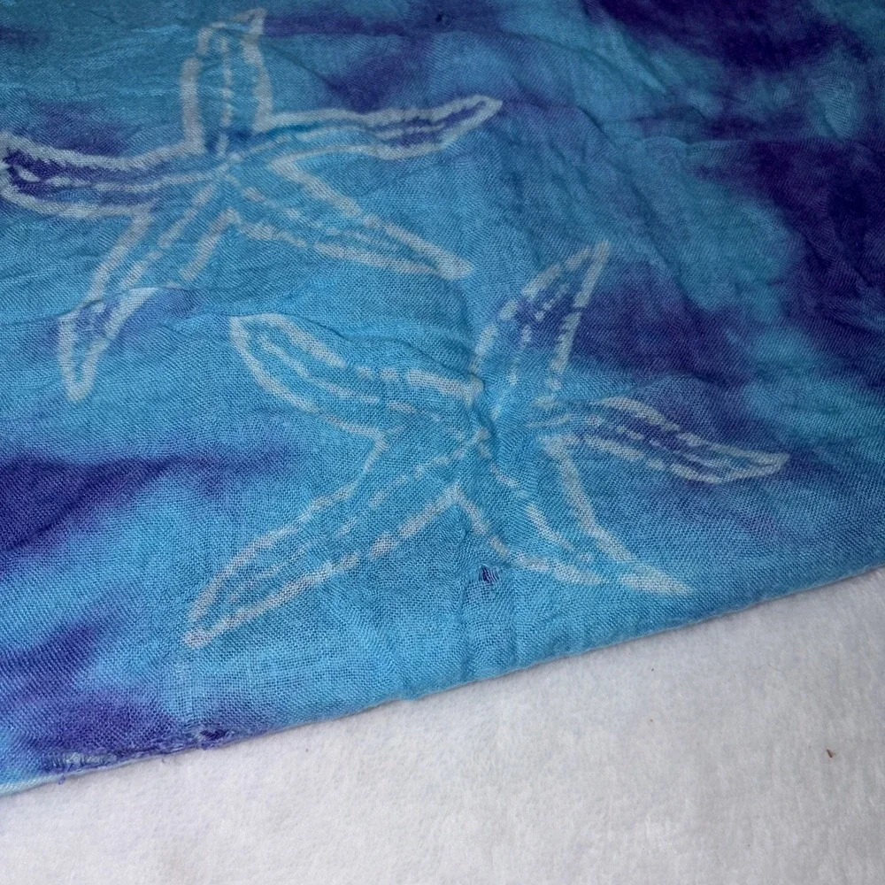 Vintage Sarong 90s Hand dyed Beach Wrap Boho Starfish‎ Ocean Motif Minor Flaws